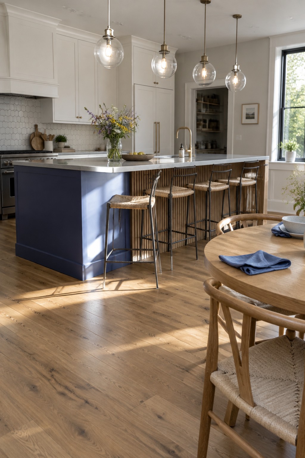 Modern kitchen with navy island, woven bar stools, white cabinets, and wooden dining table.