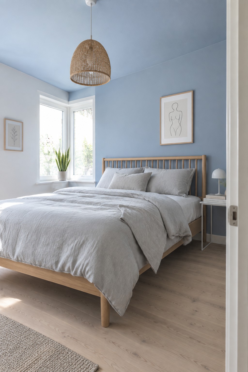 Cozy bedroom with wooden bed, gray linens, blue walls, and woven pendant light