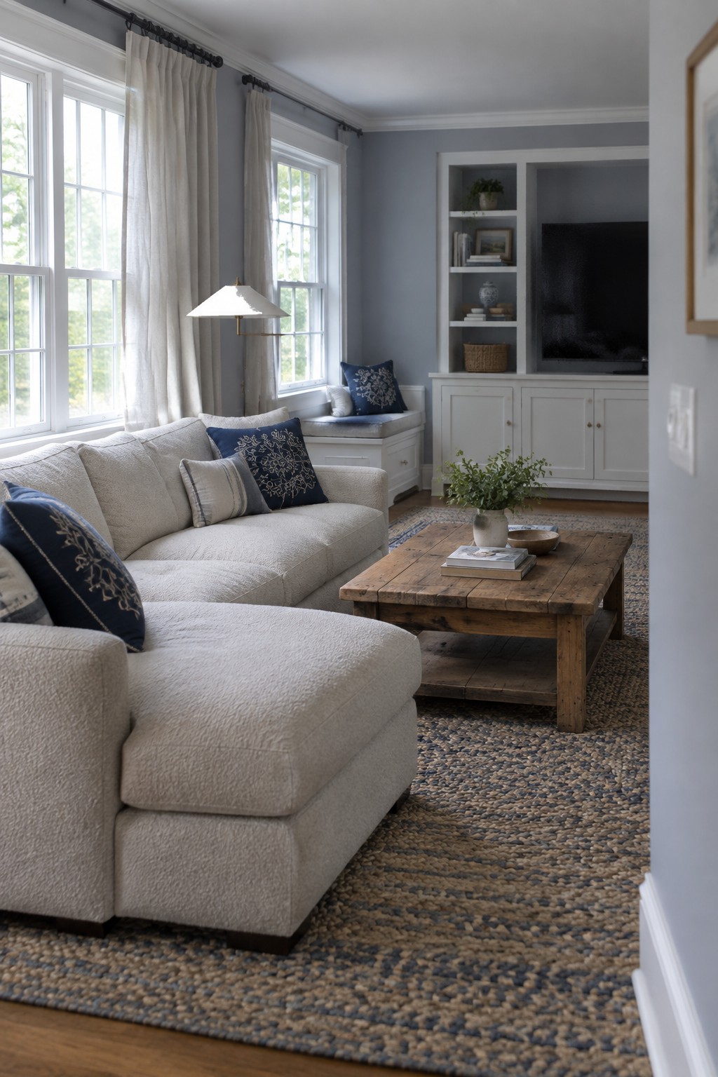 Cozy living room with beige sectional sofa, wooden coffee table, blue pillows on woven rug