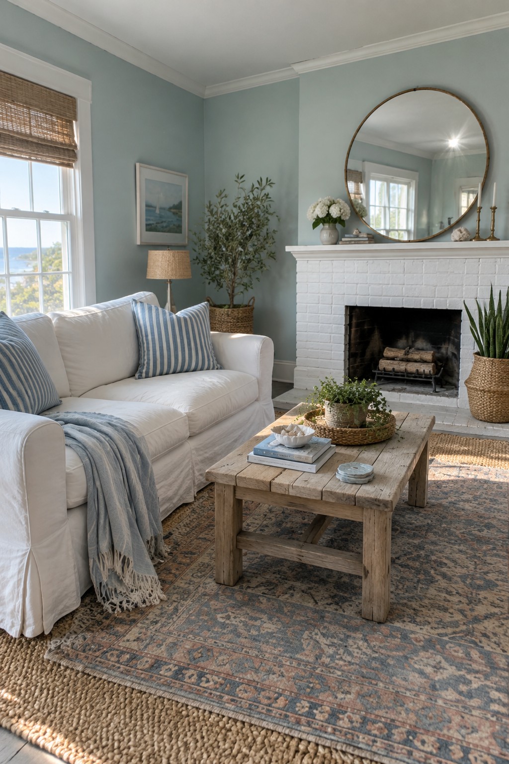 Light blue-green walls in a living room with a white brick fireplace.