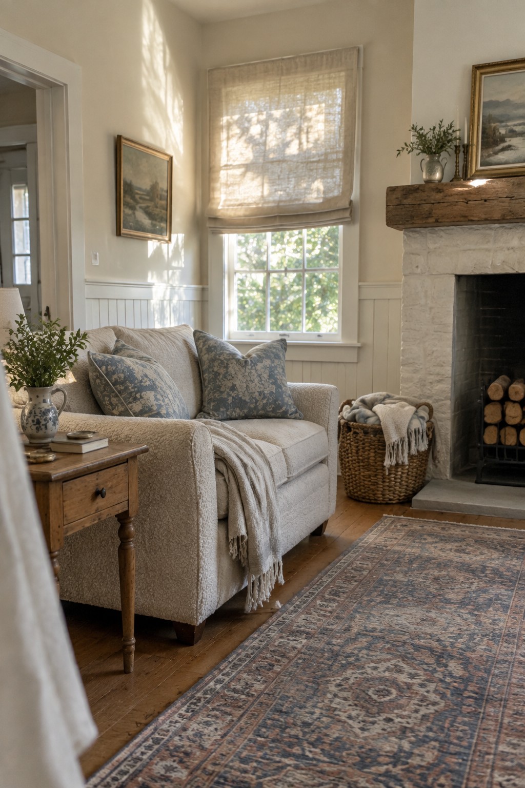 Cozy living room with beige sofa, blue pillows, white fireplace, and patterned rug in sunlight.