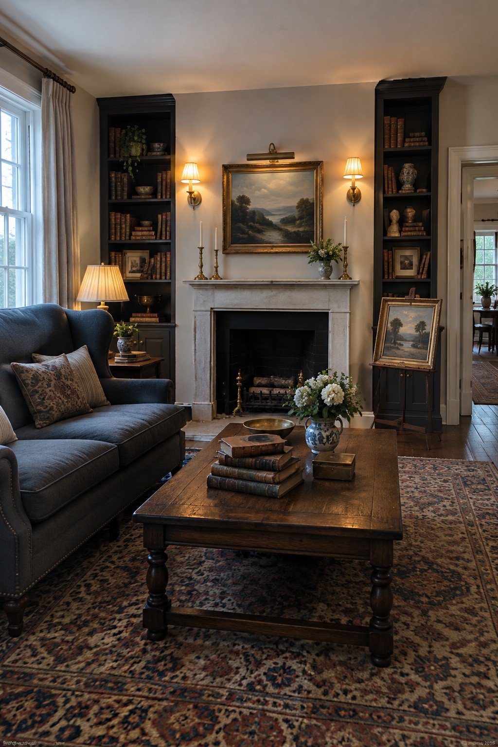 A living room with warm white walls and dark built-in bookshelves around a marble fireplace.