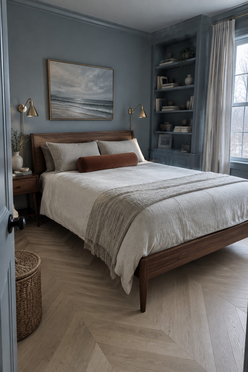 Bedroom walls painted in a soft blue gray tone beside warm wood furniture.