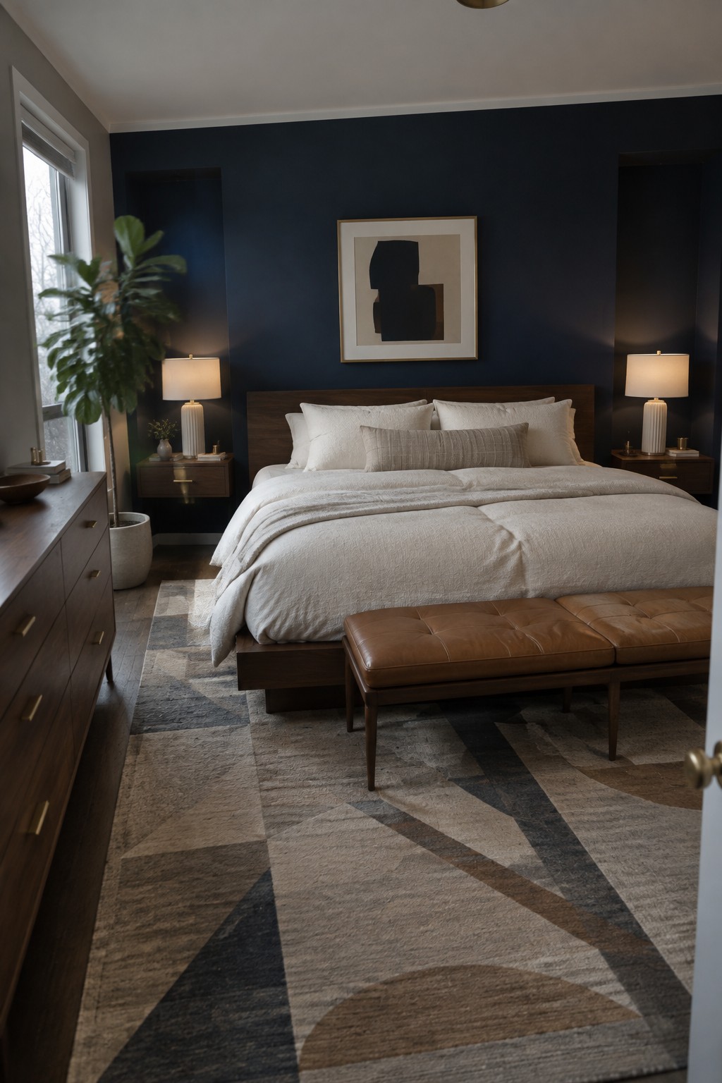 Dark navy bedroom walls with a wooden bed frame and leather bench at the foot.