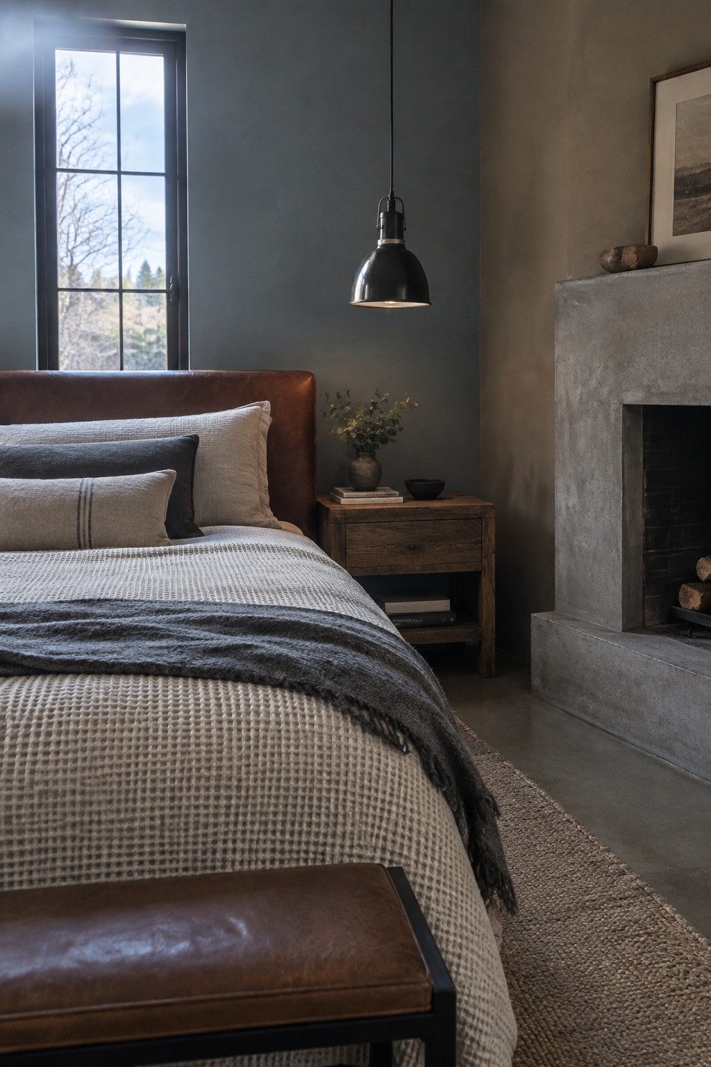 Deep slate gray walls in a bedroom with a brown leather headboard and wood nightstand.