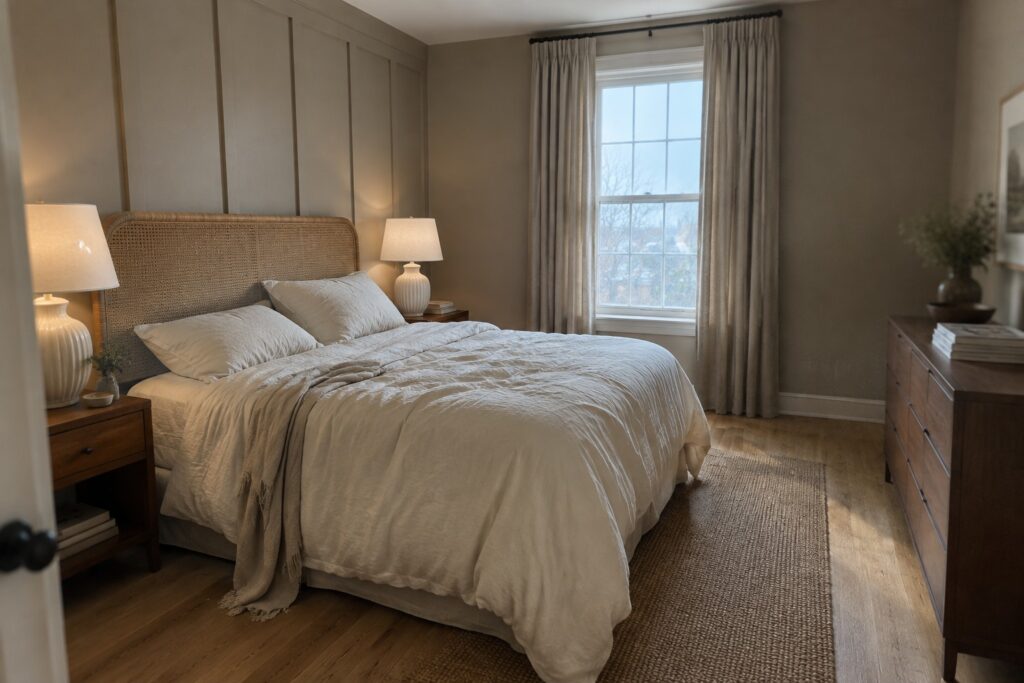 Minimalist bedroom with rattan bed, white linens, wooden nightstands, and jute rug.