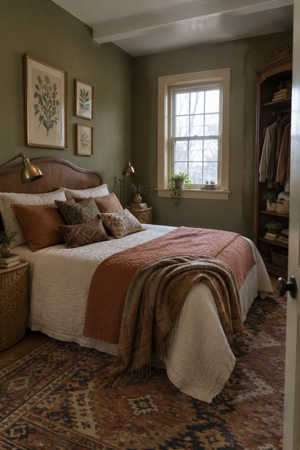 A bedroom with muted olive green walls paired with warm wood furniture and natural textiles.