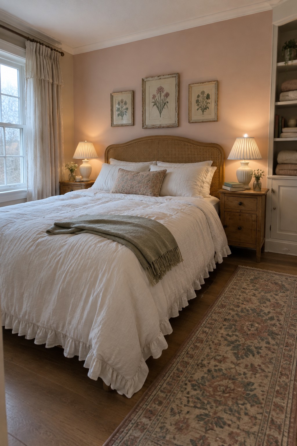 A bedroom with soft peach-pink walls and wooden furniture.