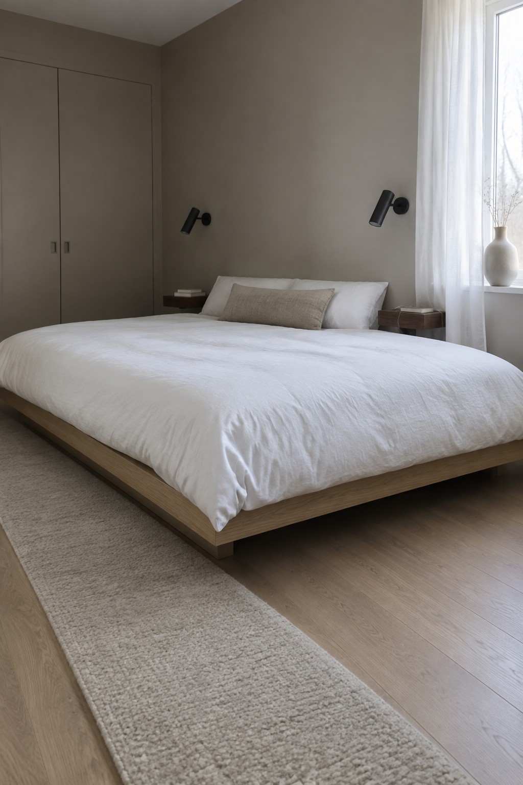 Minimalist bedroom with white linen bed on wooden platform, beige rug, and black sconces.