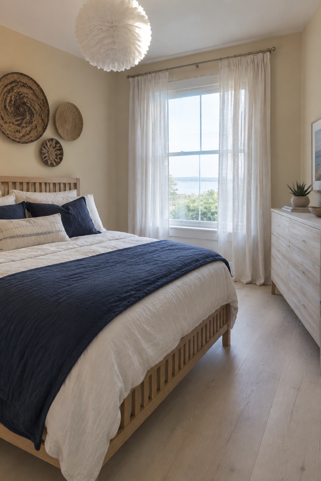 A bedroom with warm beige walls, light wood furniture, and a large window with white curtains.