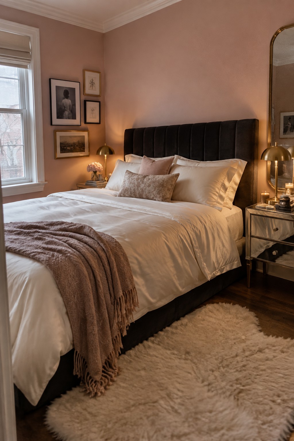 A bedroom with soft pink-beige walls and a dark upholstered bed.