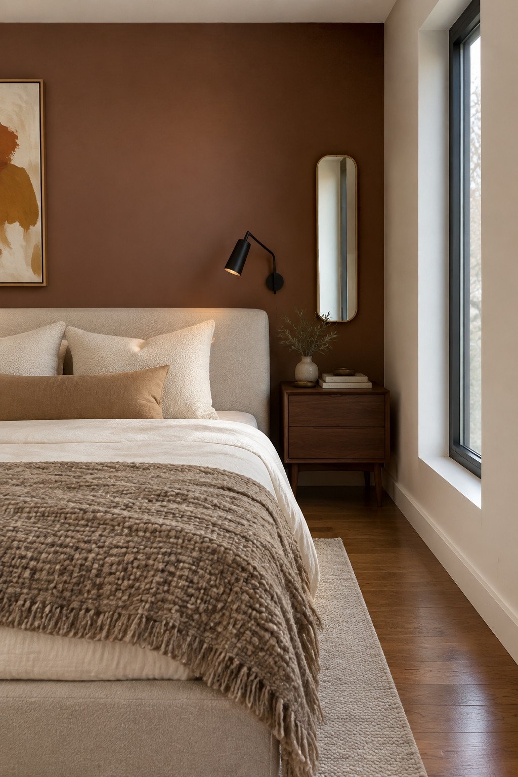 Cozy bedroom with brown wall, white bedding, fringed throw, wooden nightstand, and mirror.