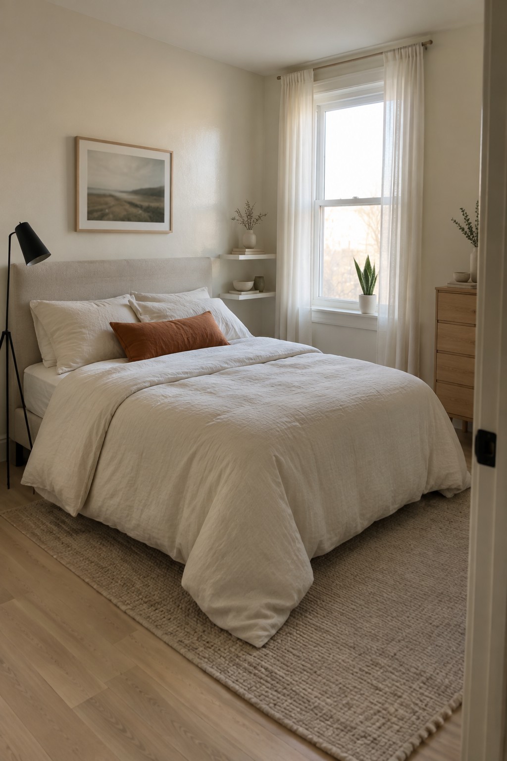 A bedroom with warm off-white walls and light wood flooring next to a window.
