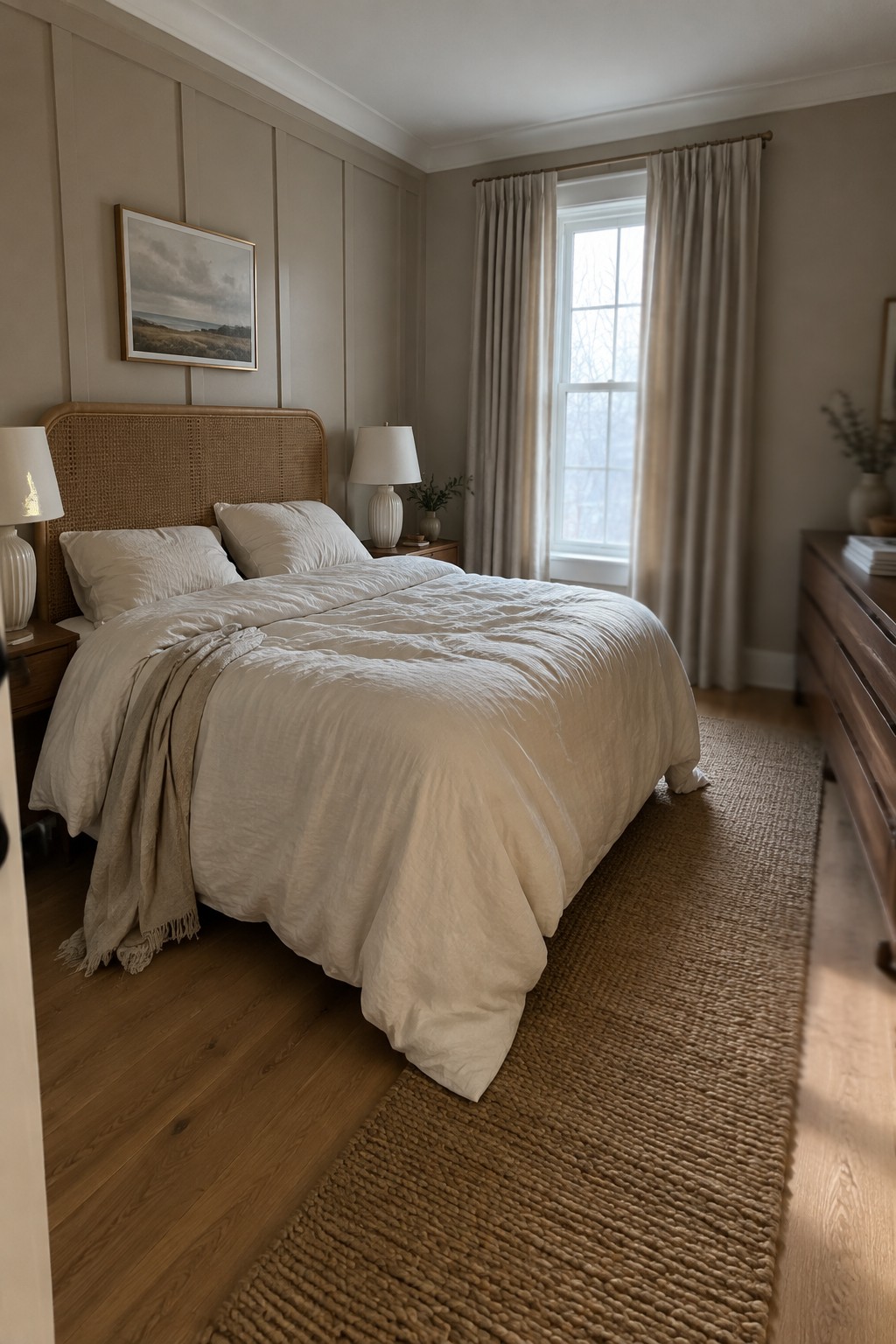 Minimalist bedroom with rattan bed, white linens, wooden nightstands, and jute rug.
