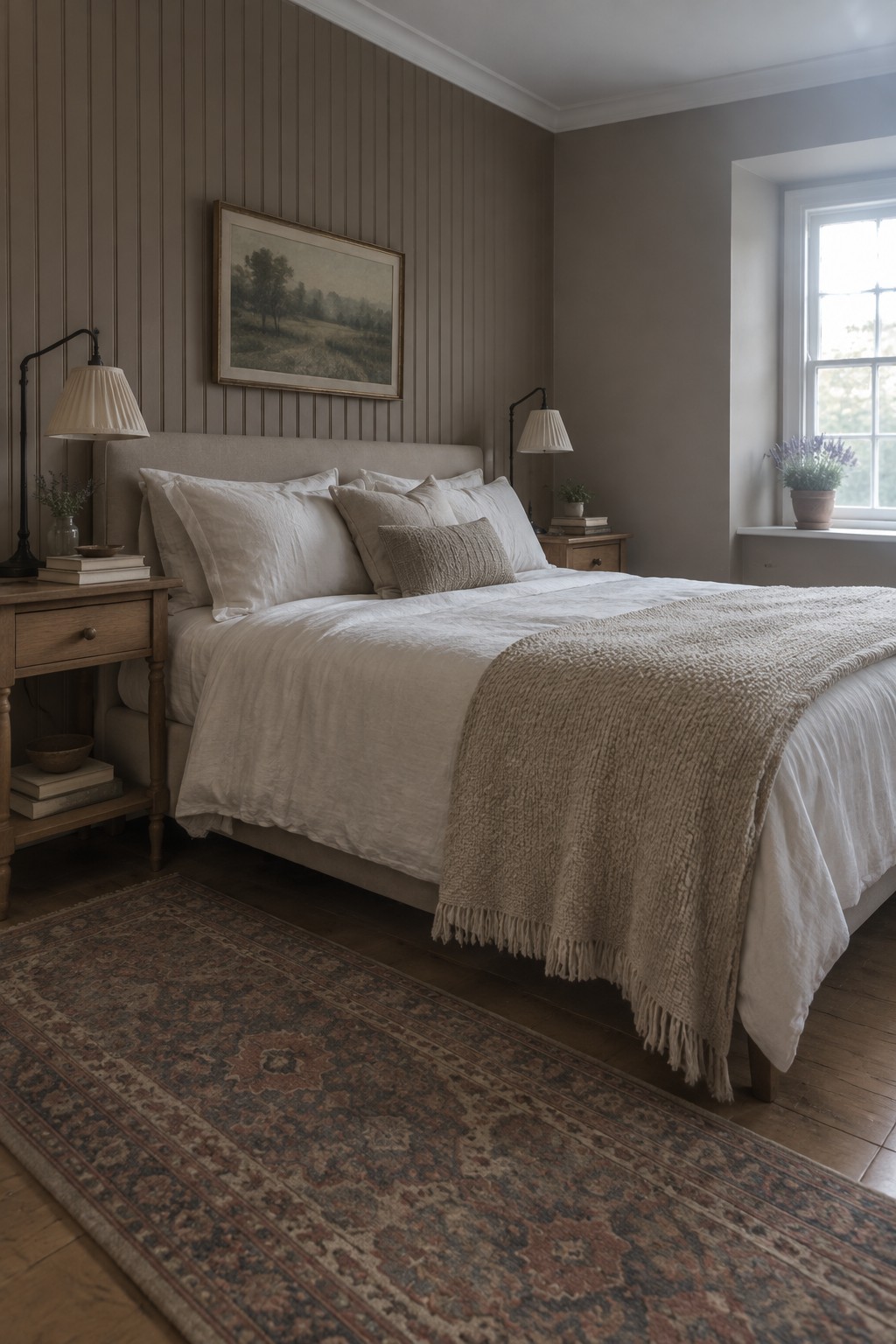 Warm greige walls in a north-facing bedroom with wood furniture and soft natural light.