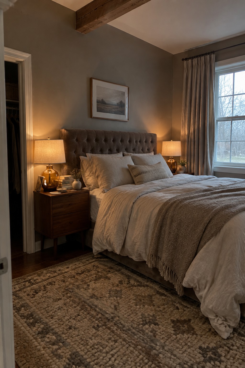 A bedroom with warm greige walls and a large upholstered bed.