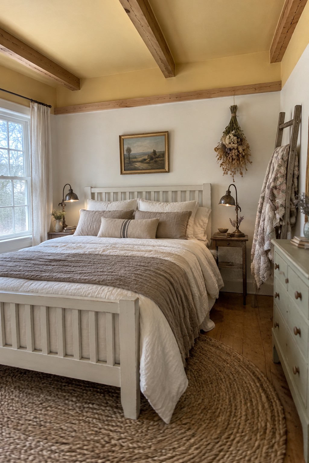 Cozy white bed with neutral linens in rustic yellow bedroom with wooden beams and jute rug.