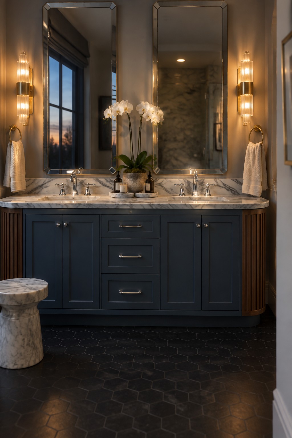 Luxurious navy double vanity with marble counters, mirrors, orchids, and wall sconces.