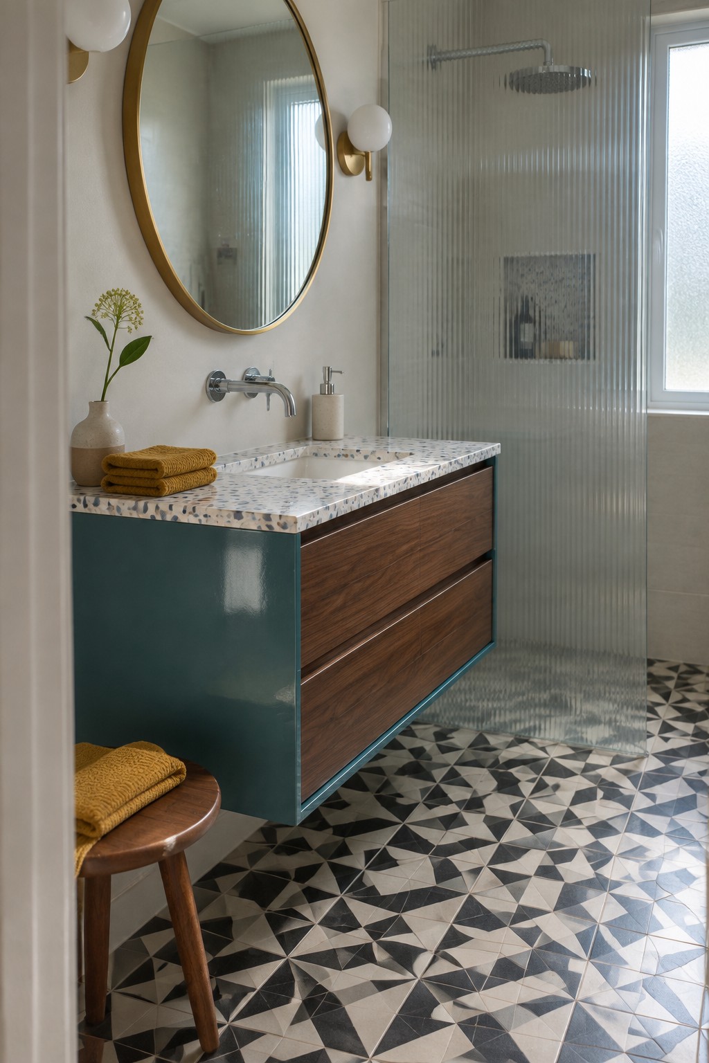 Deep teal painted bathroom vanity with wood drawers and terrazzo countertop.