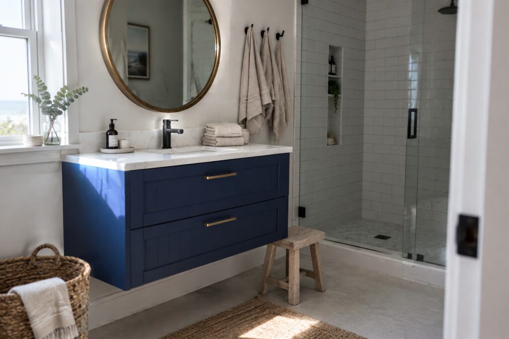 18 Beautiful Blue Bathroom Vanity Paint Colors Deep navy blue floating vanity with white marble countertop in a bright bathroom.