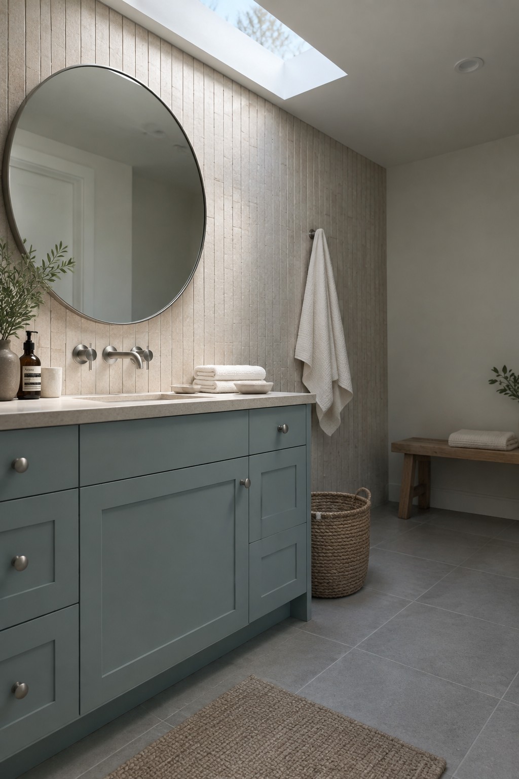 Bathroom vanity painted in a muted blue gray with a light stone countertop.