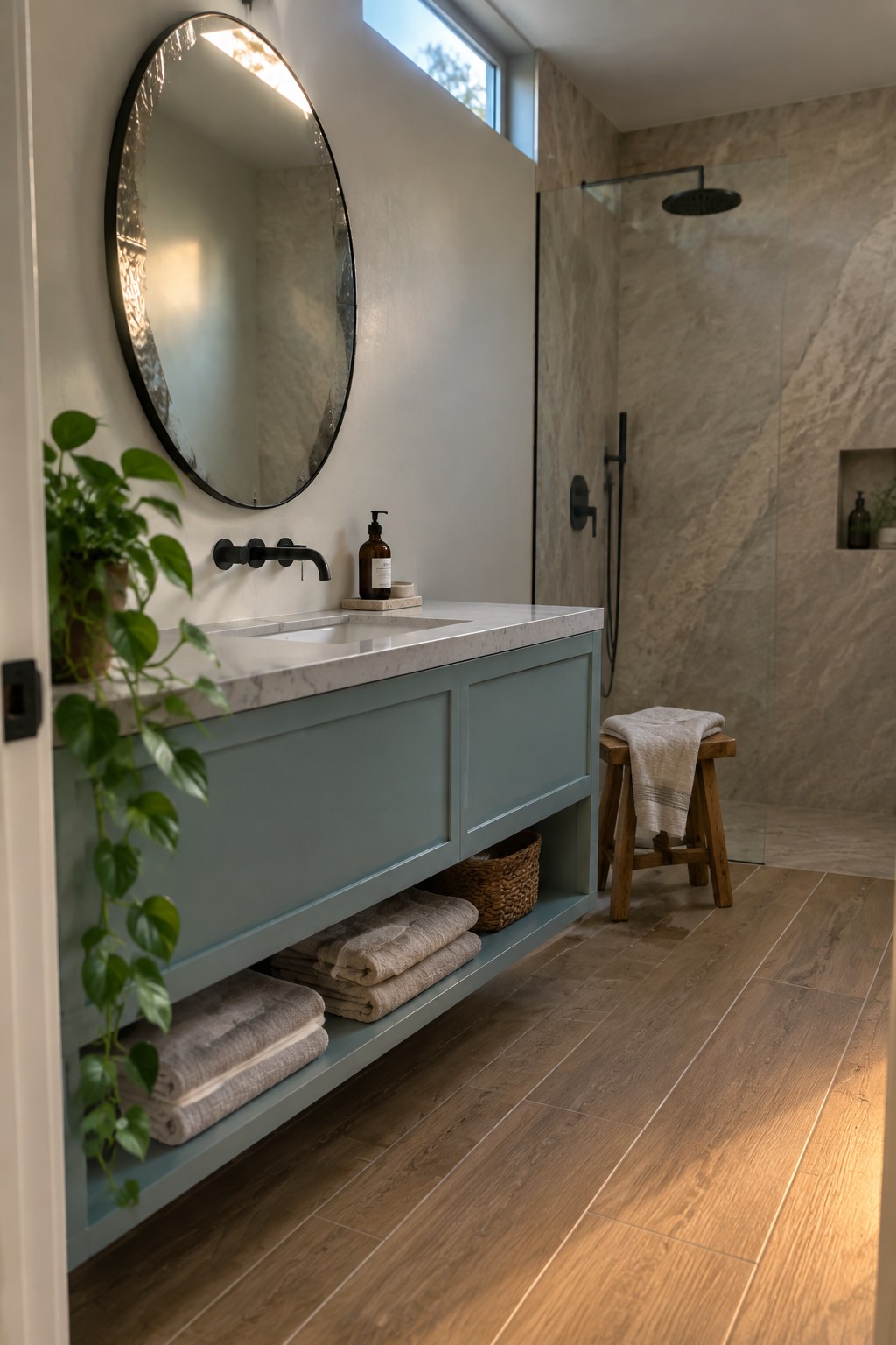 Modern bathroom with sage green vanity, round mirror, marble counter, towels, and plant