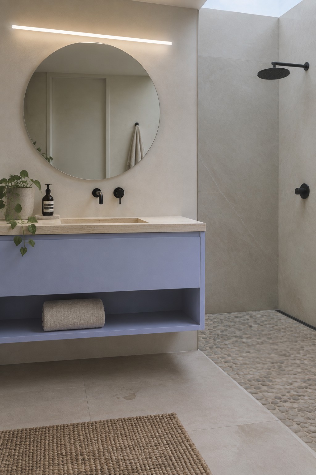 Modern bathroom with blue vanity, round mirror, pebble shower floor, and black fixtures.