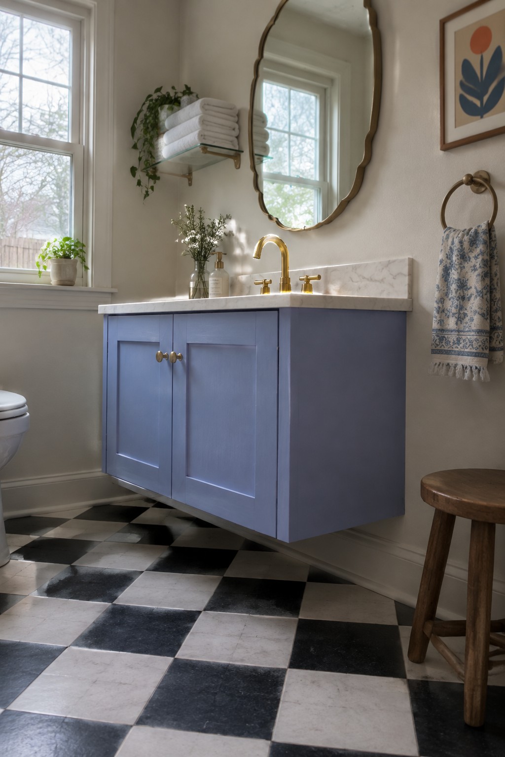 Blue floating vanity with marble top, gold faucet, and checkered floor