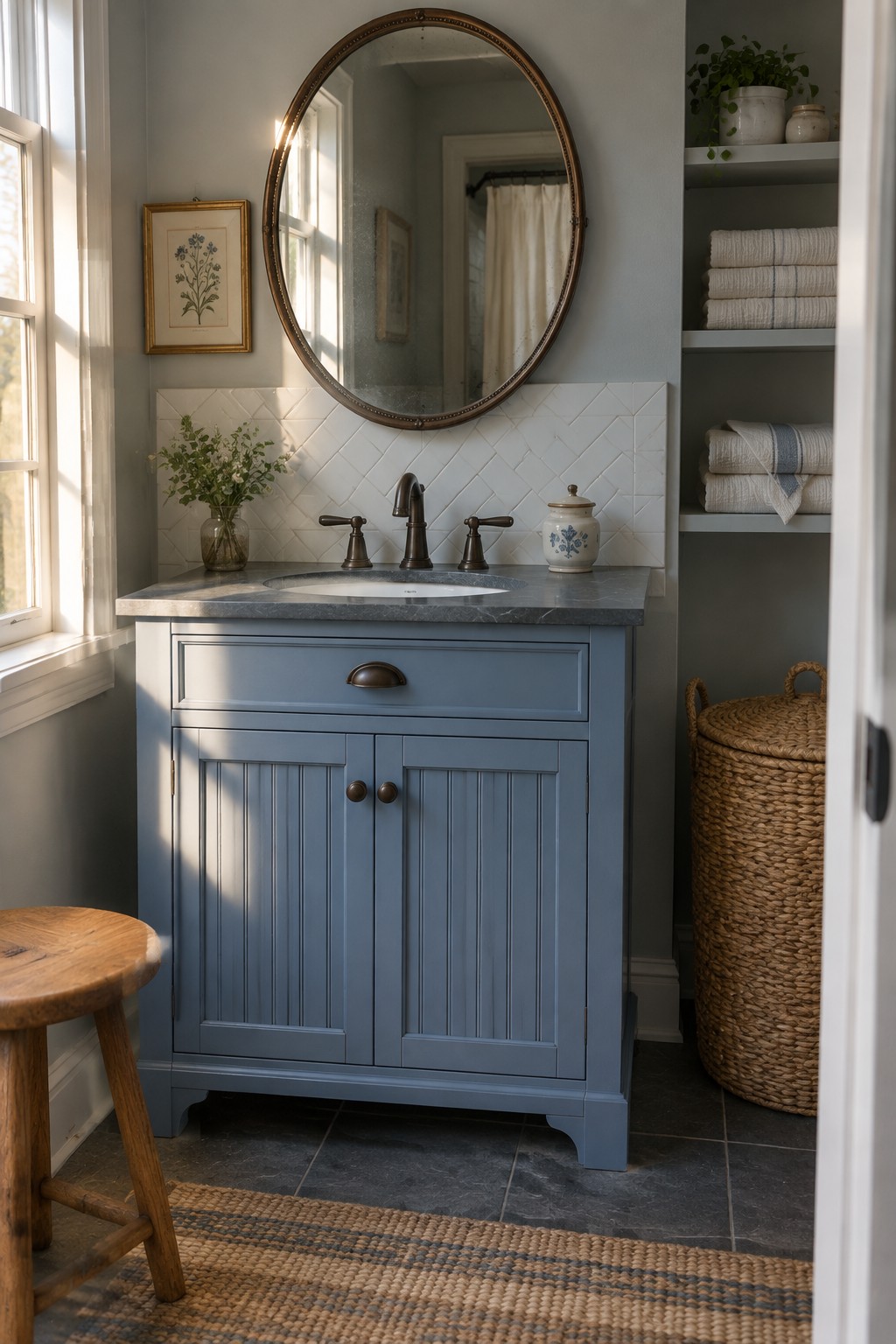 A muted blue bathroom vanity with marble countertop and white tile backsplash.