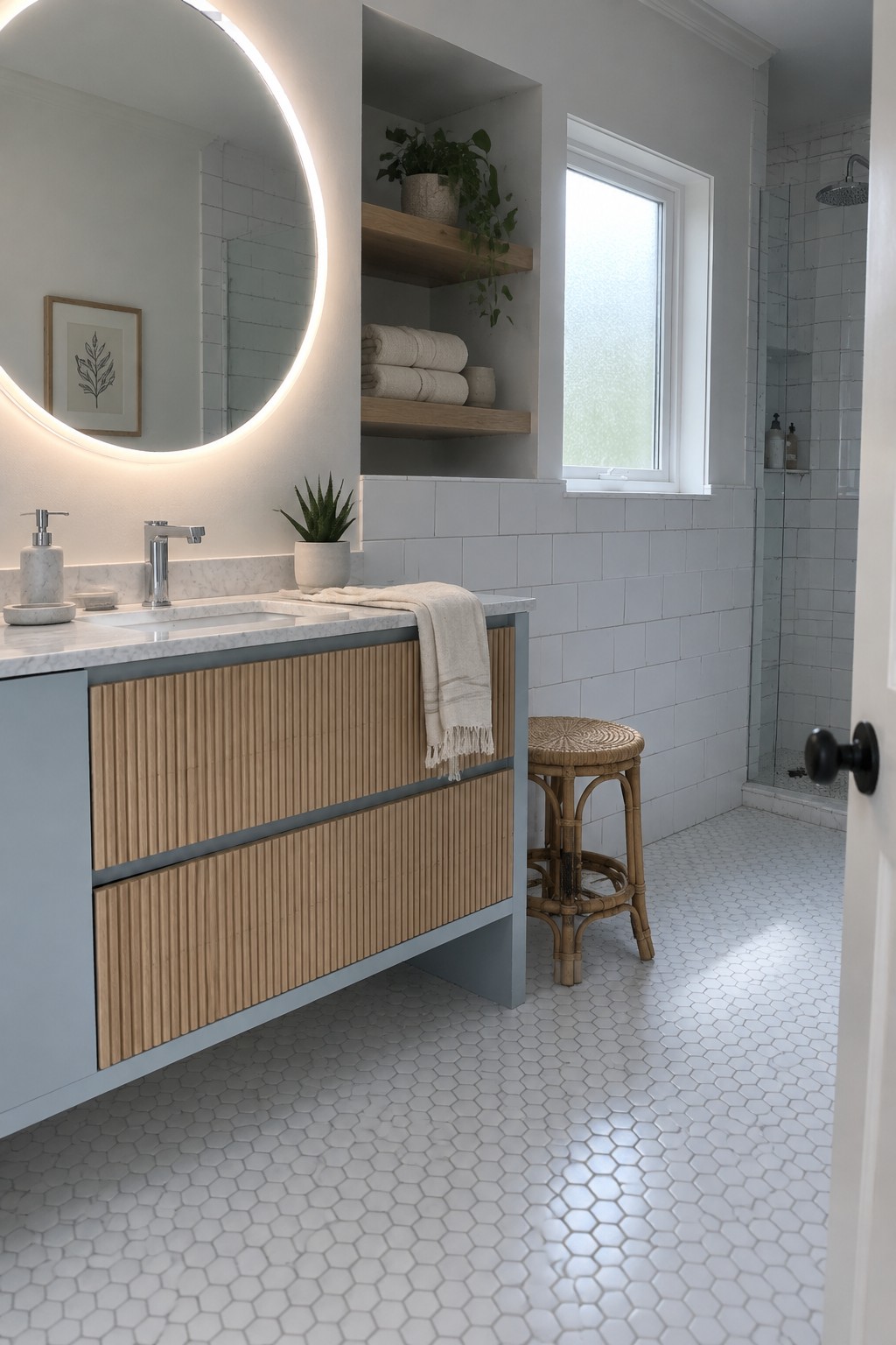 A bathroom vanity painted soft blue-gray with fluted wood drawers and white tile behind it.