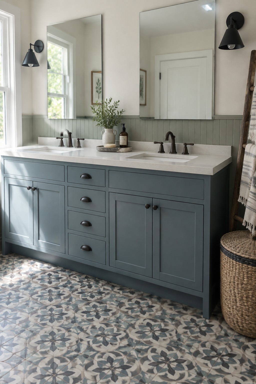 Blue double vanity bathroom with patterned tile floor and black fixtures