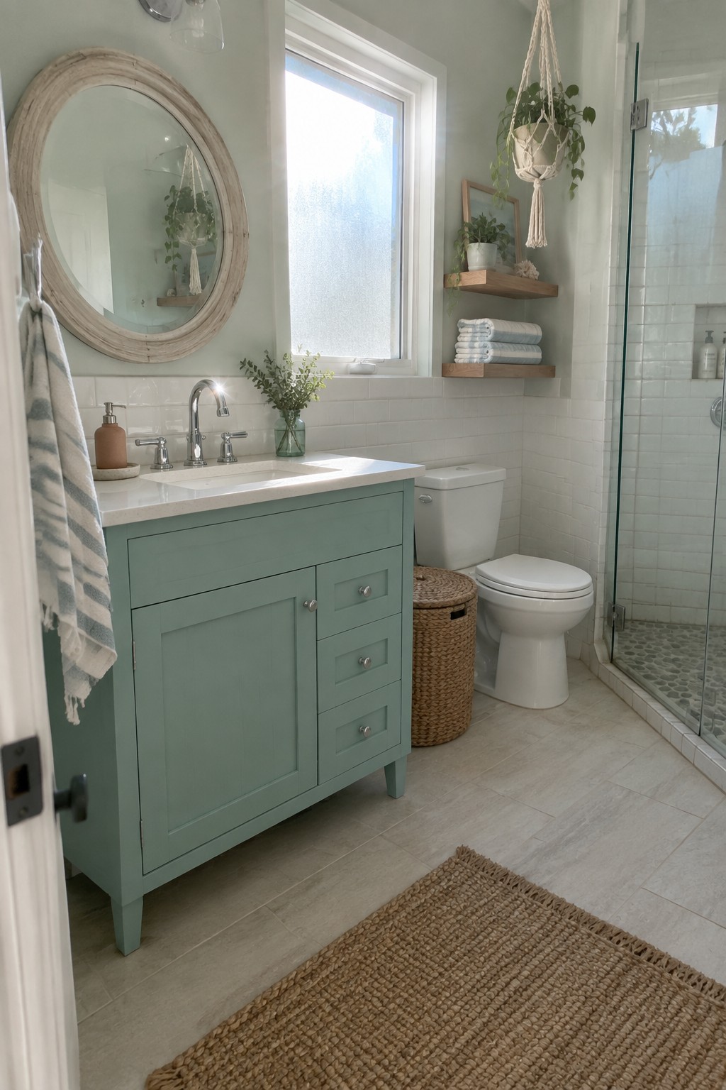 A light blue-green painted bathroom vanity with white countertop and tile backsplash.