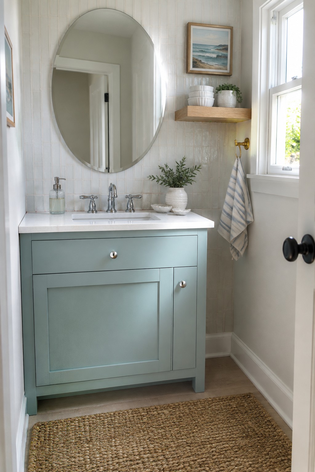 Light blue vanity with round mirror, white sink, woven rug, and striped towel.