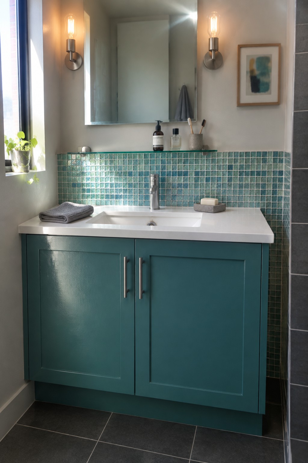 A bathroom vanity painted in deep teal blue with a white countertop and mosaic tile backsplash.
