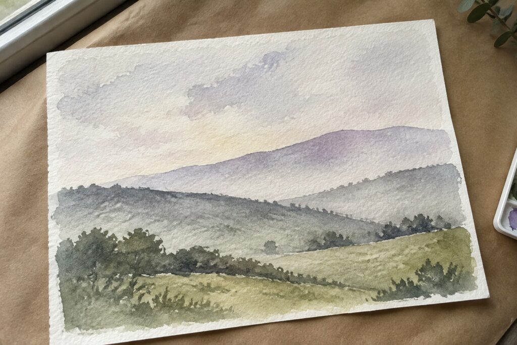 18 Beautiful Watercolor Painting Ideas for Simple Landscapes Watercolor landscape of layered purple hills, green fields, and wildflowers