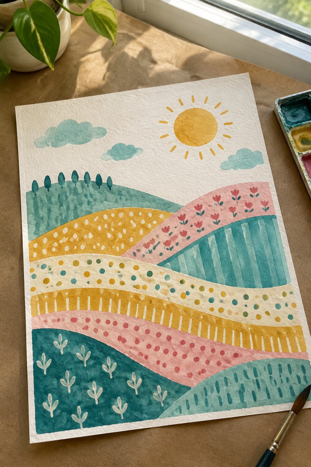 Vibrant watercolor painting of patterned rolling hills under a yellow sun with clouds