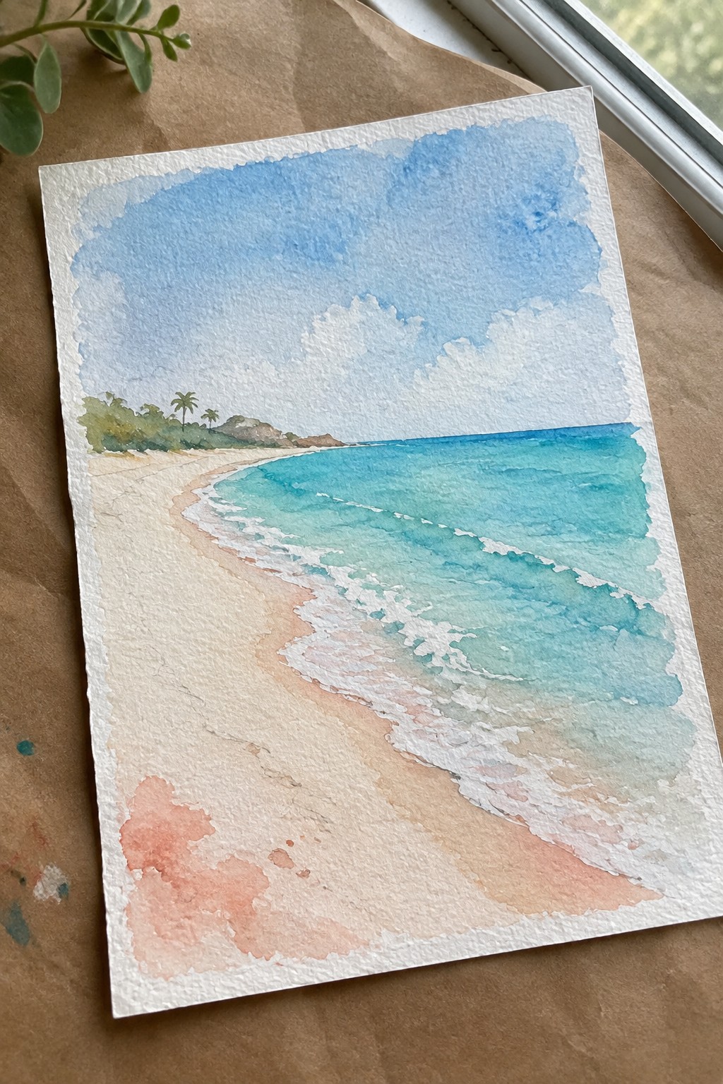 Watercolor of curving tropical beach with turquoise waves, white foam, and palm trees