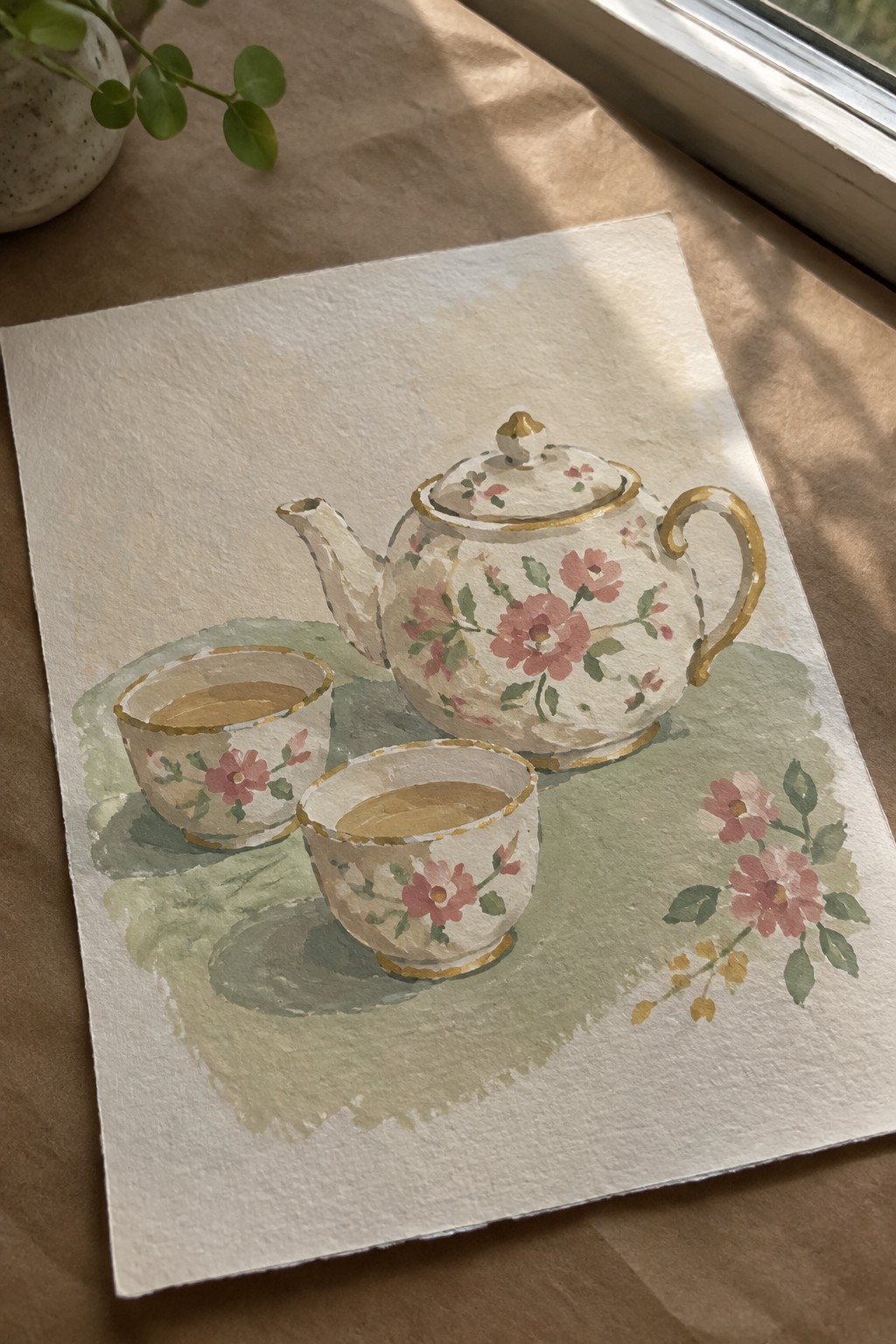 Watercolor of floral teapot with gold trim and two matching teacups on green cloth.