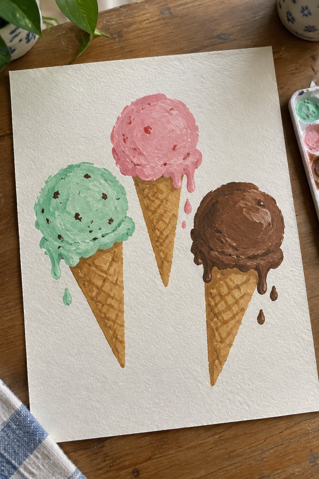Watercolor painting of three melting ice cream cones in green, pink, and brown.
