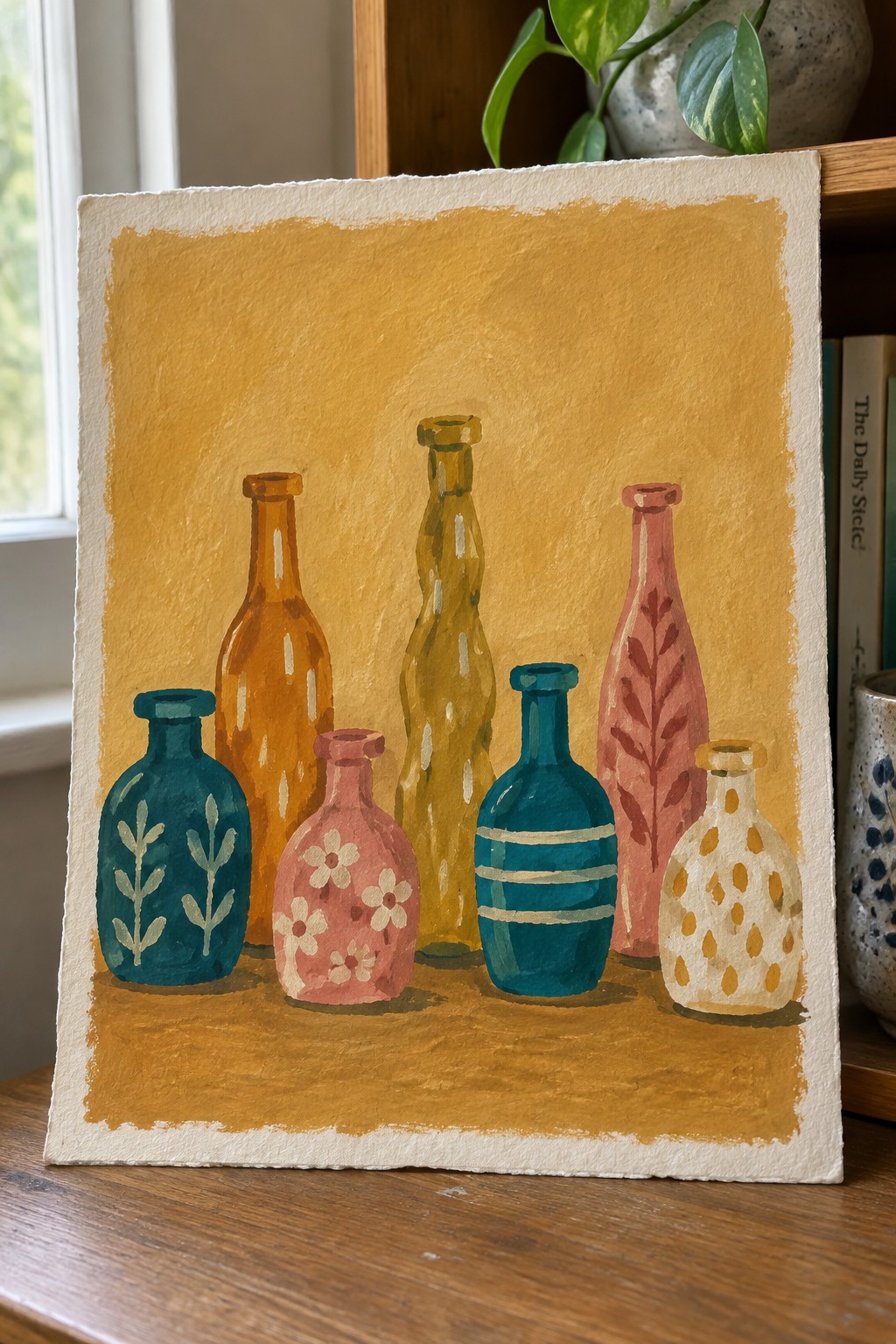Watercolor still life of six colorful patterned bottles on yellow ochre background