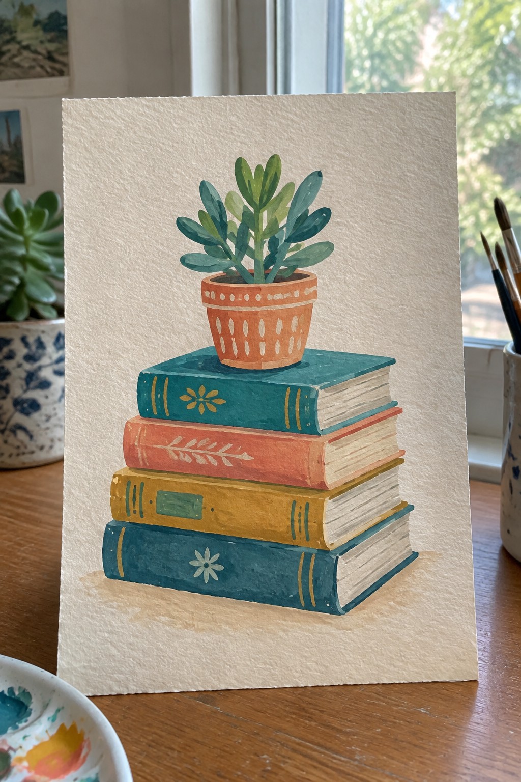 Watercolor of stacked teal, orange, and yellow books topped by orange potted succulent.