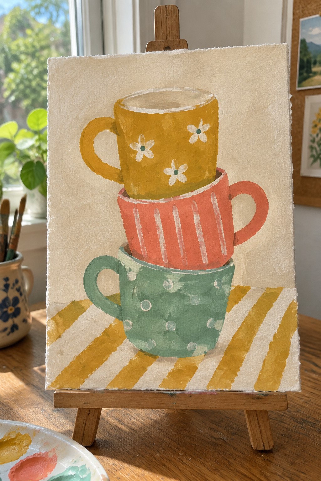 Gouache painting of three stacked mugs with yellow floral, coral striped, and green dotted patterns on a yellow striped surface.