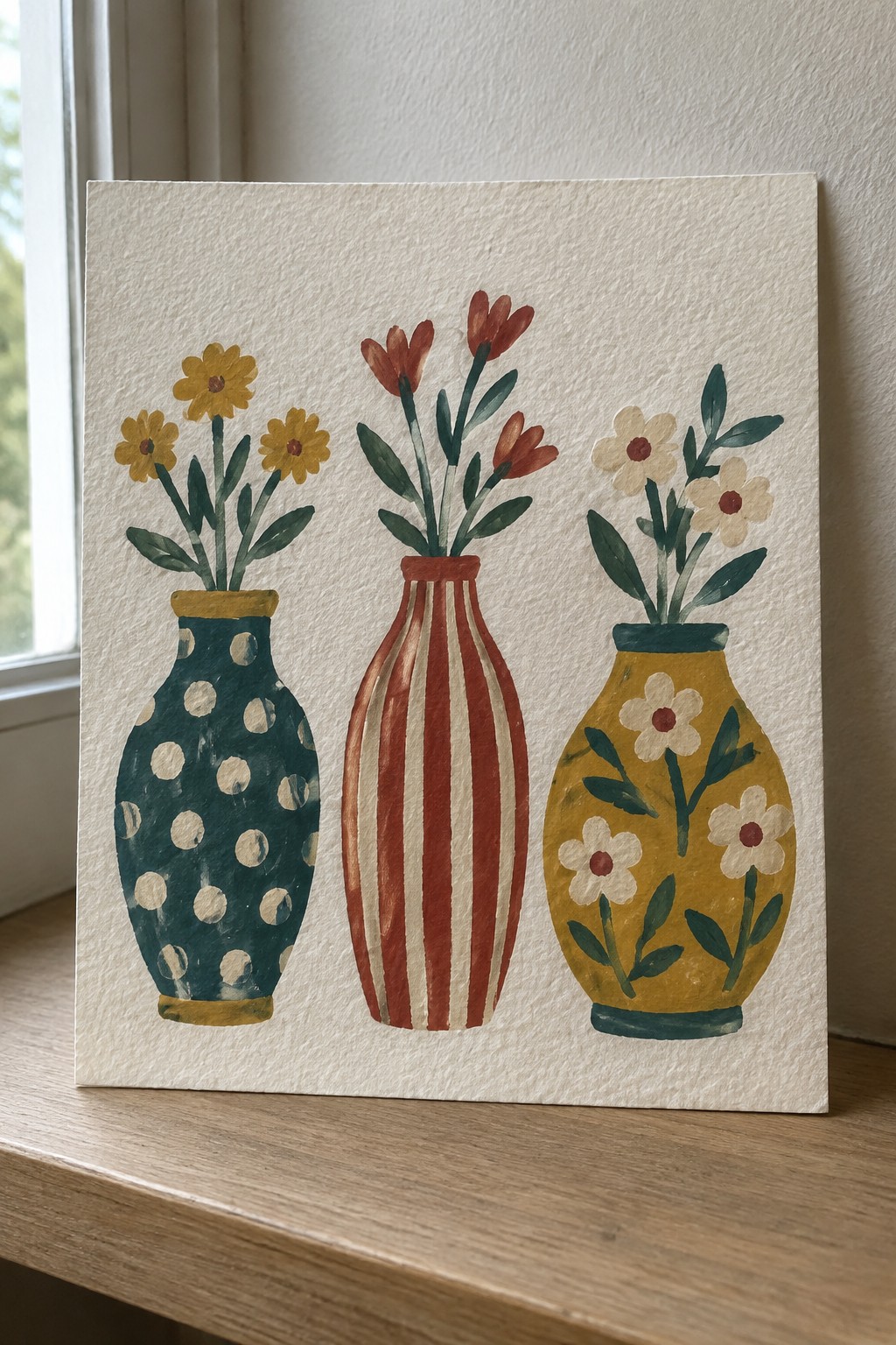 Three watercolor vases with flowers: polka dot teal, striped red, floral yellow