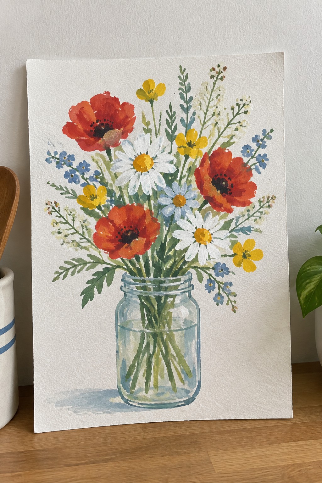 Watercolor of red poppies, white daisies, and yellow flowers in a glass jar