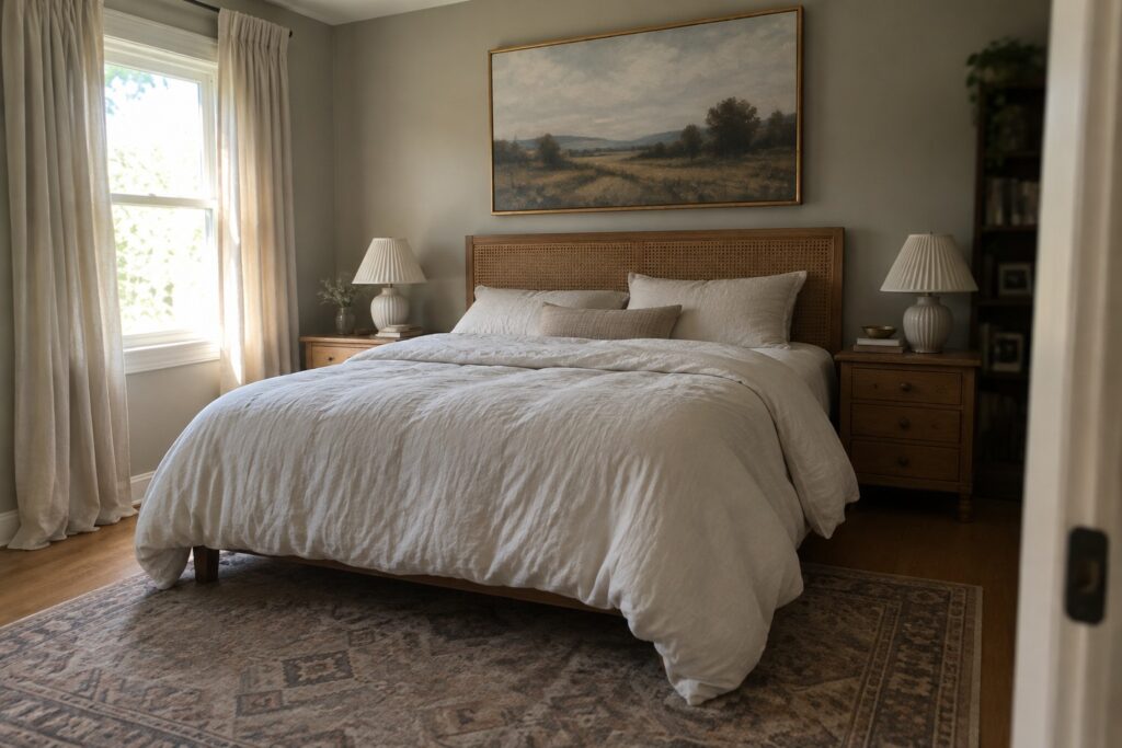 16 Behr Greige Paint Colors Worth Considering for Your Home Bedroom with white linen bedding, cane headboard, landscape painting, and patterned rug.