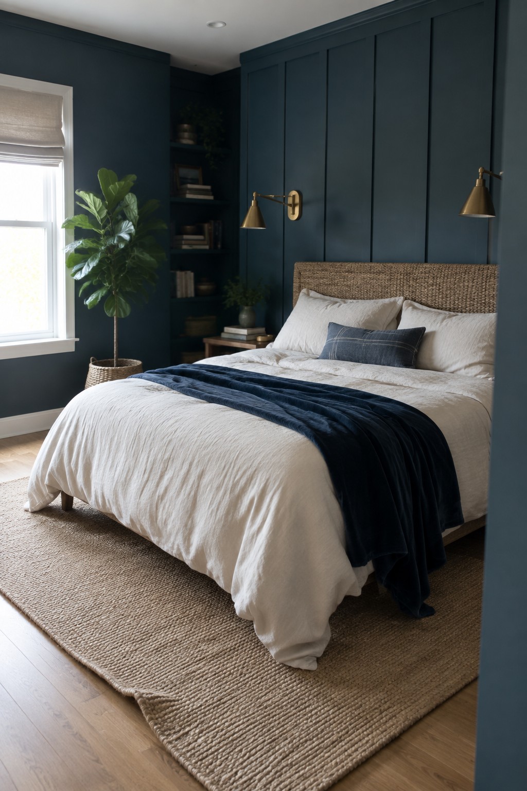 Bedroom with deep navy blue walls and built-in shelves around a bed with white linens.