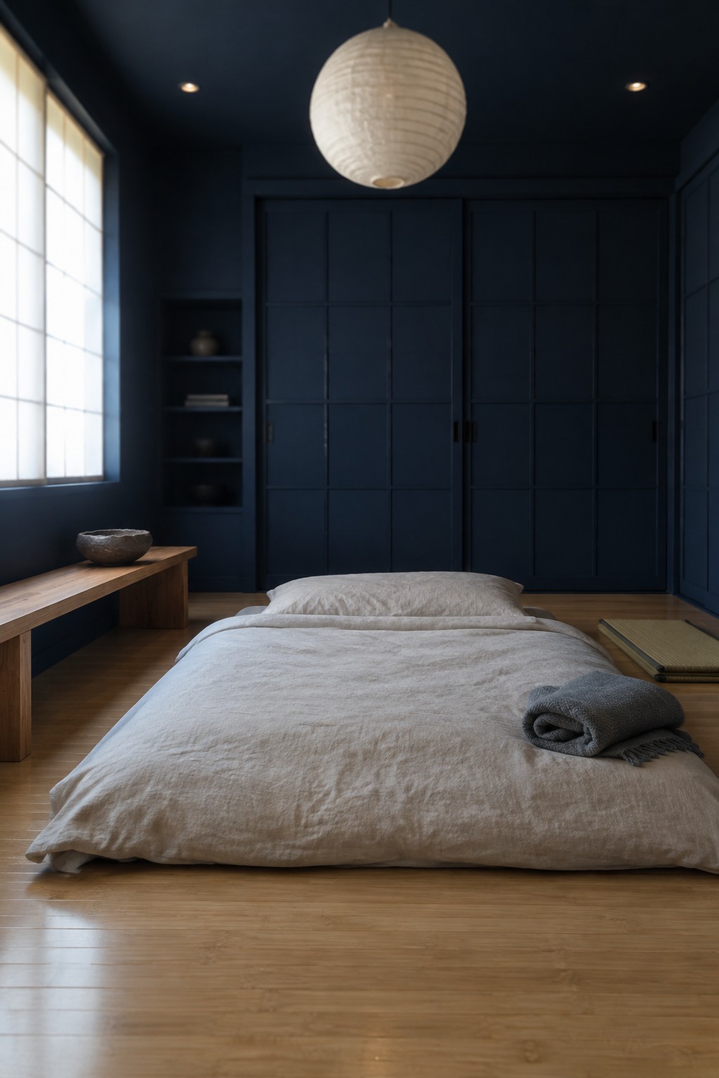 A bedroom with deep navy blue walls, a low platform bed, and warm wood flooring.