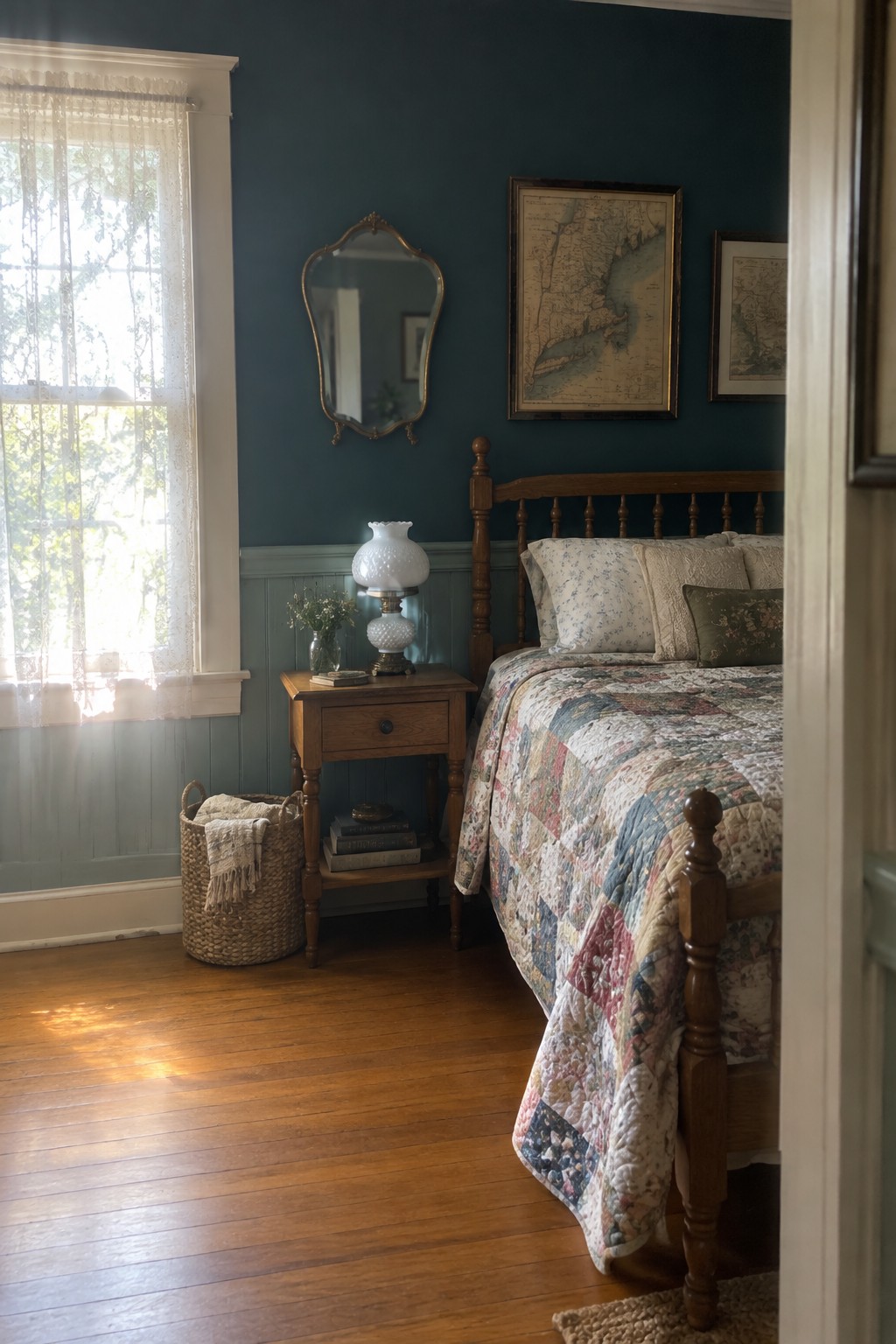 A bedroom featuring deep navy blue walls above light wainscoting paired with warm wood furniture.