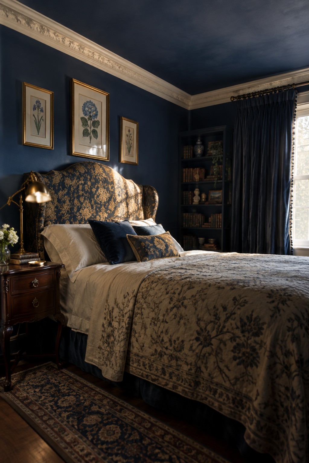 A bedroom with deep navy blue walls, white crown molding, and a patterned bed.