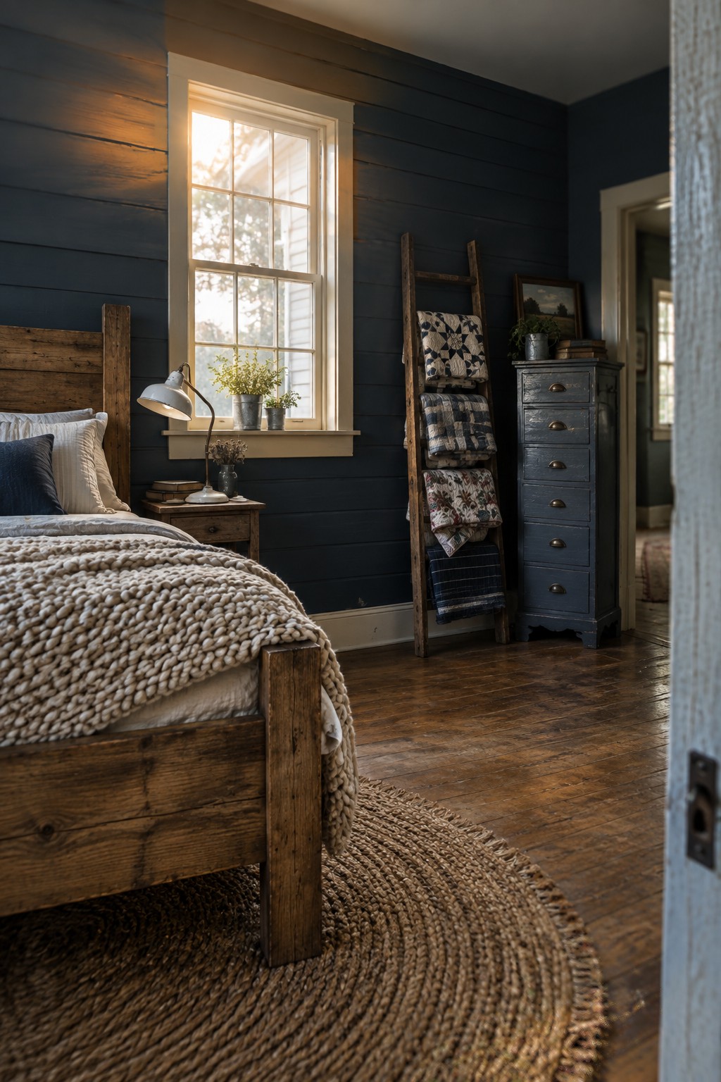 Rustic bedroom with quilt ladder, wooden bed, blue dresser, and sunlit window